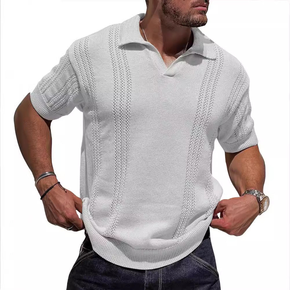 Men's Knitted Polo Shirt Short Sleeve V-neck