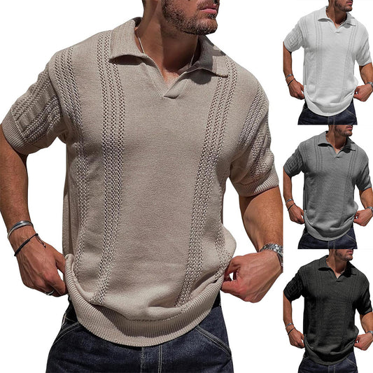 Men's Knitted Polo Shirt Short Sleeve V-neck