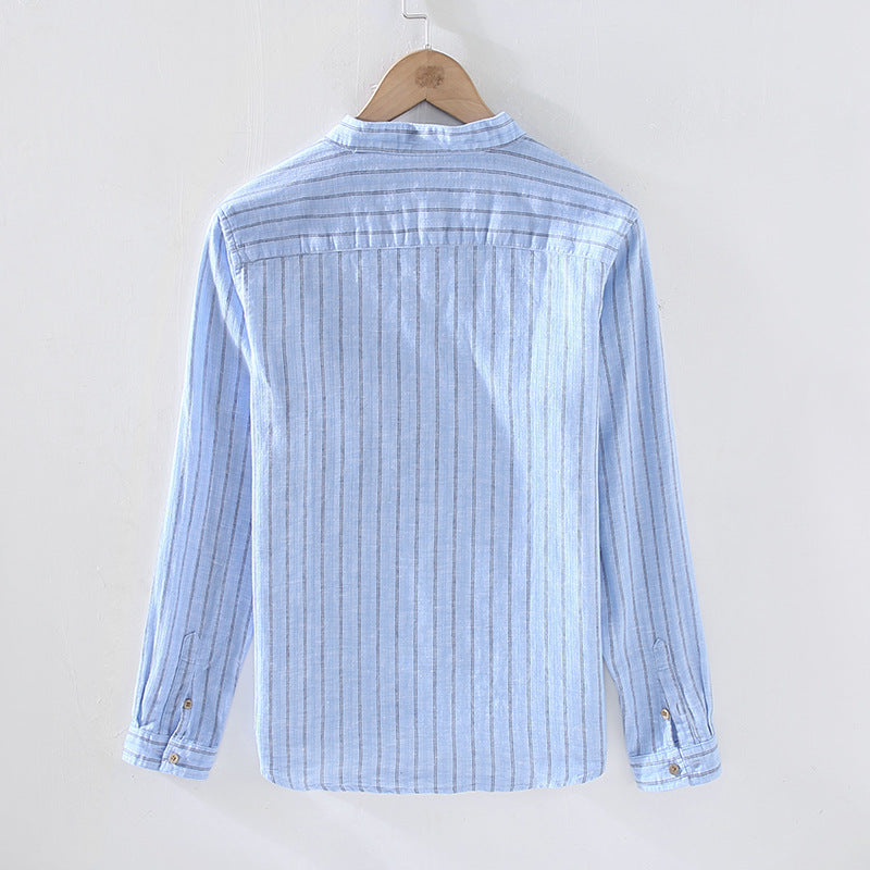 Stripe Double Pocket Chinese Style Stand Collar Casual Cotton Linen Long Sleeve Blouse