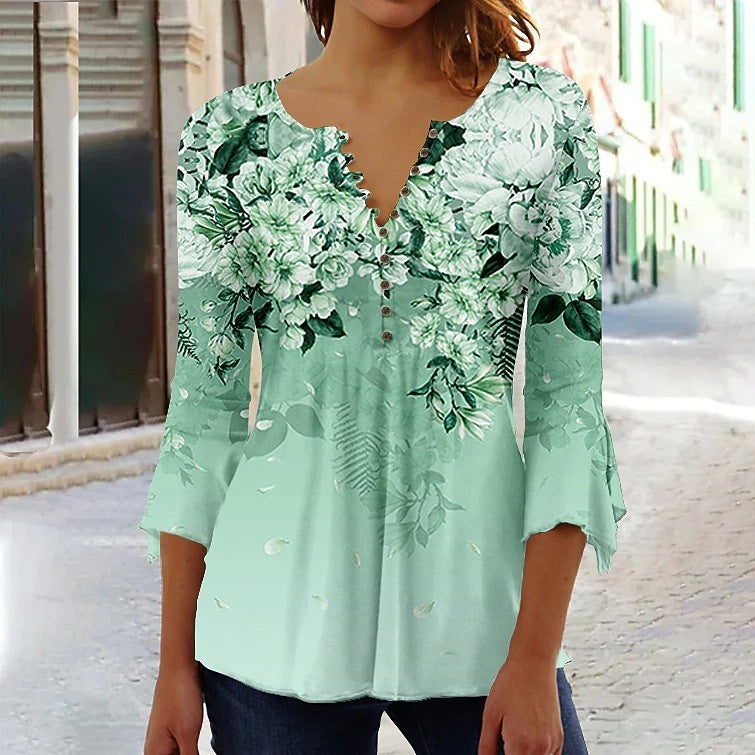 Floral Printed Sleeves V-neck Buttons Shirt