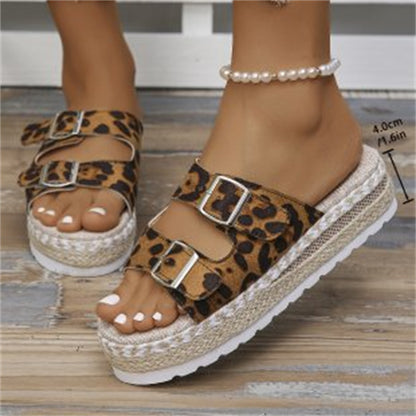 Summer Double Buckle Leopard Print Flat Sandals  For Women