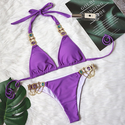 New Purple Halter Crystal Diamond Bikini