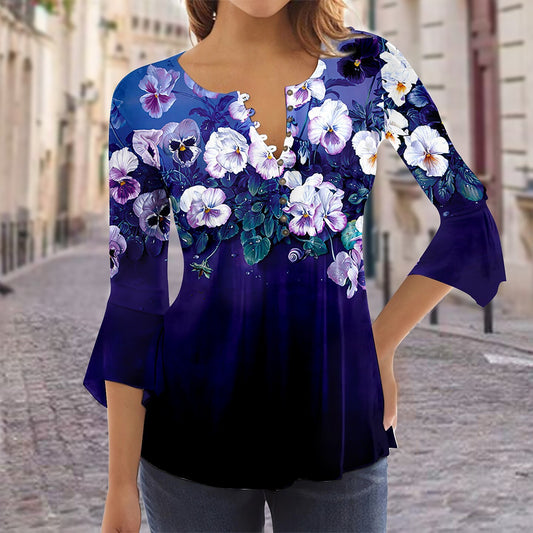 Floral Printed Sleeves V-neck Buttons Shirt