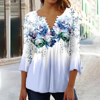 Floral Printed Sleeves V-neck Buttons Shirt