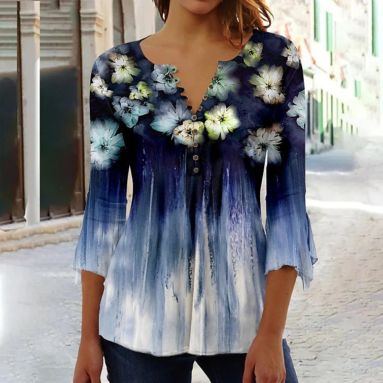 Floral Printed Sleeves V-neck Buttons Shirt