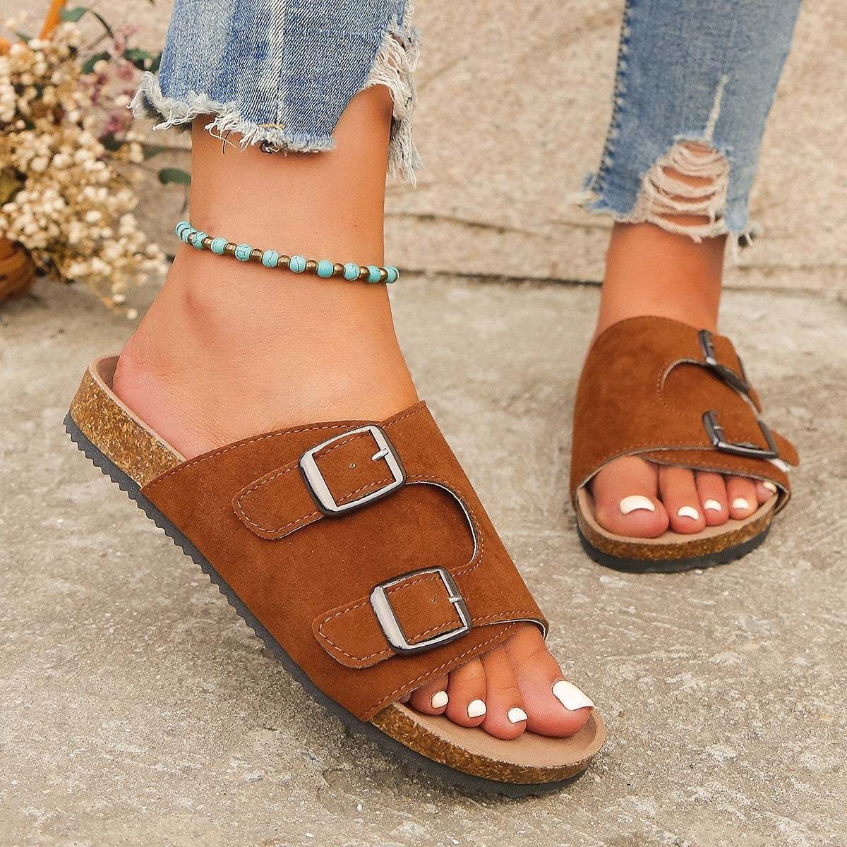 Round Head Buckle One-shaped Flat For Outdoors Leisure Sandals