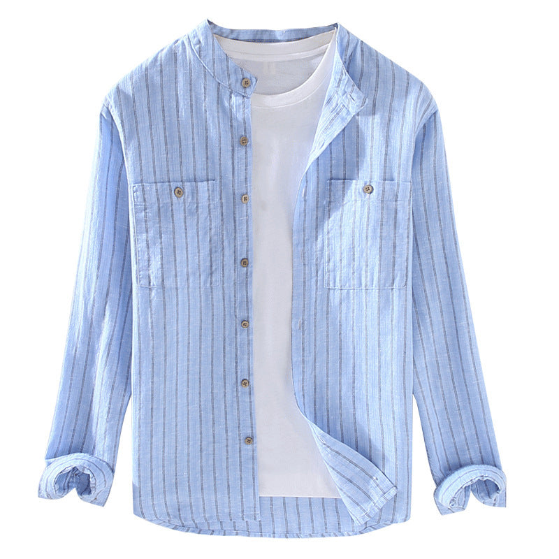 Stripe Double Pocket Chinese Style Stand Collar Casual Cotton Linen Long Sleeve Blouse