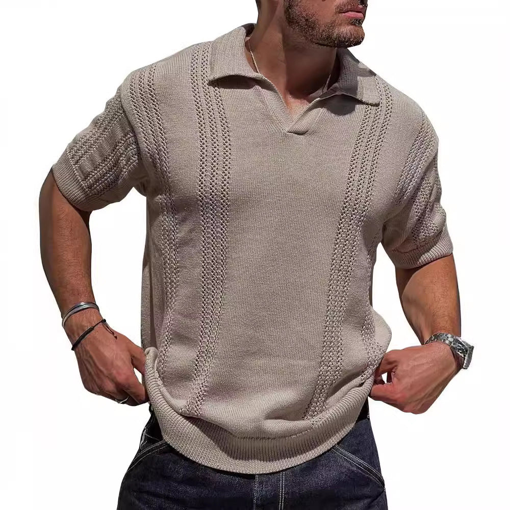 Men's Knitted Polo Shirt Short Sleeve V-neck