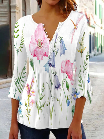 Floral Printed Sleeves V-neck Buttons Shirt