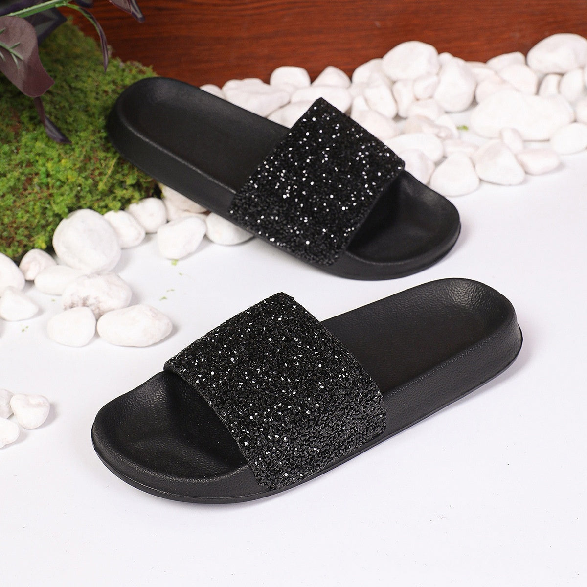 Women's Crystal Light Black And Silver Slippers