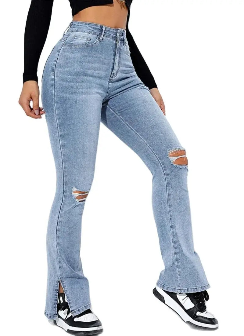 New Women's High Waist Ripped Leg Slit Jeans