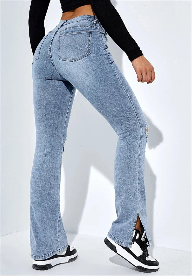 New Women's High Waist Ripped Leg Slit Jeans