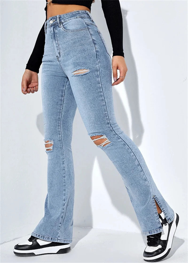 New Women's High Waist Ripped Leg Slit Jeans