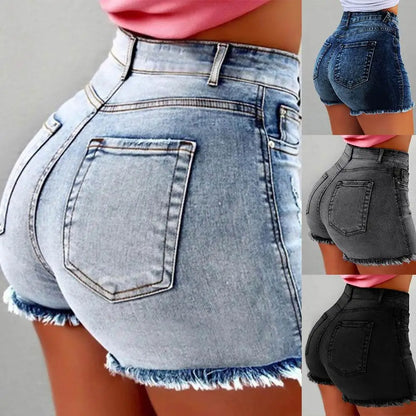 High Waist Denim Shorts Fringe Frayed for Women