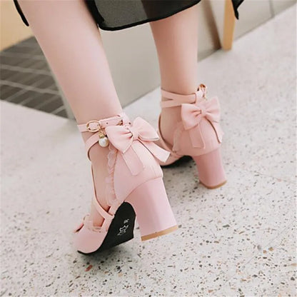 Fashion Kids Girls High Heel Shoes Bowknot Children Party Shoes Thick Heel Kids Dress Shoes