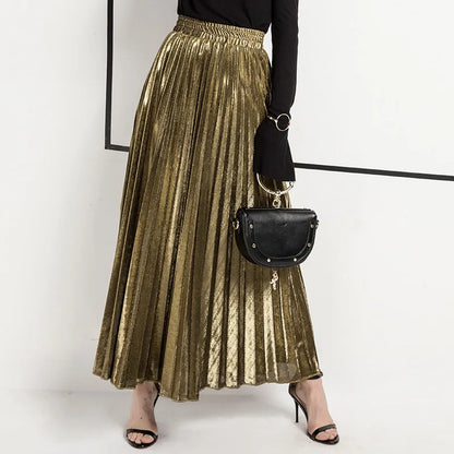 Check Skirt Pleated Maxi Skirt High Waist Harajuku Large Swing Gold Long Skirts For Women XXL Saias