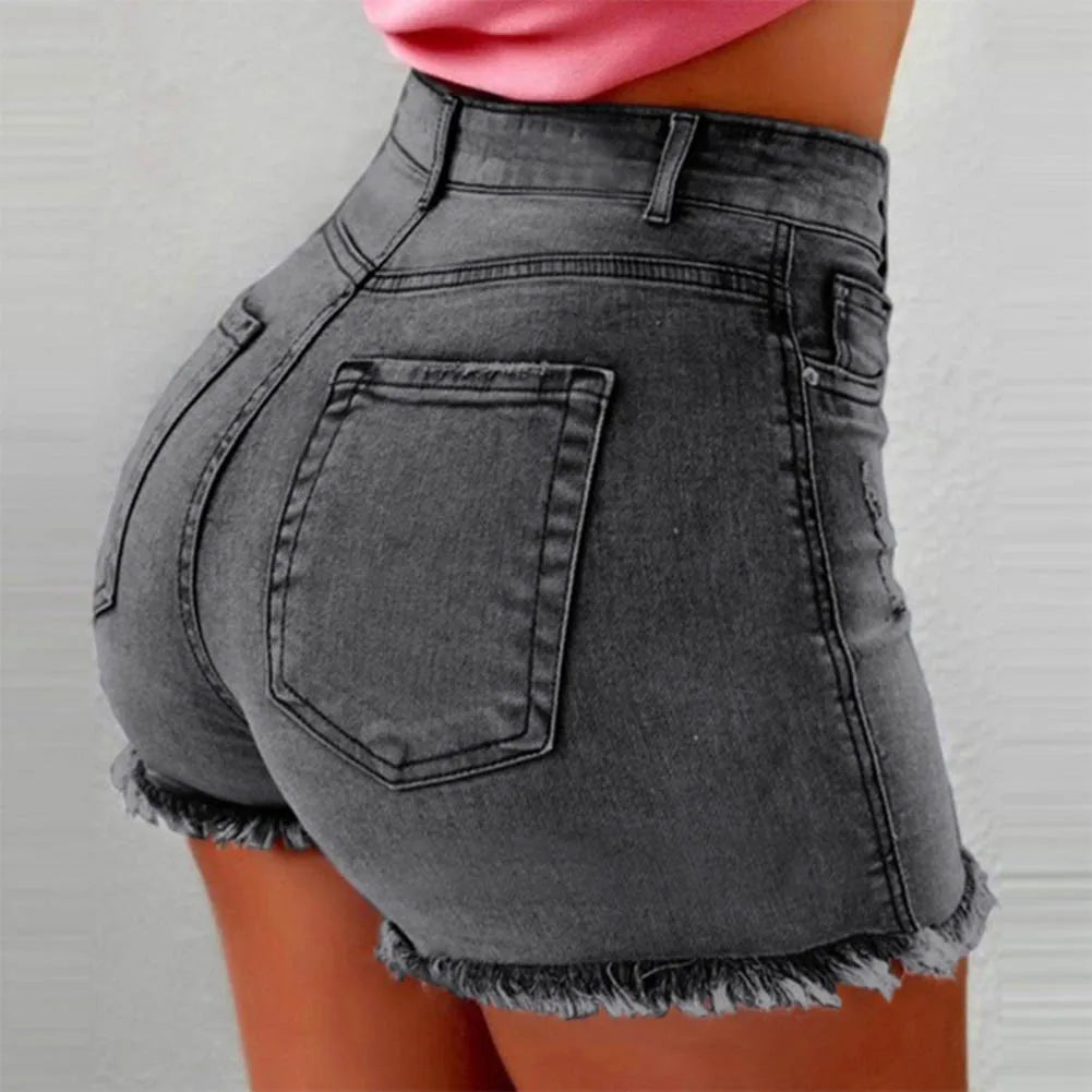 High Waist Denim Shorts Fringe Frayed for Women