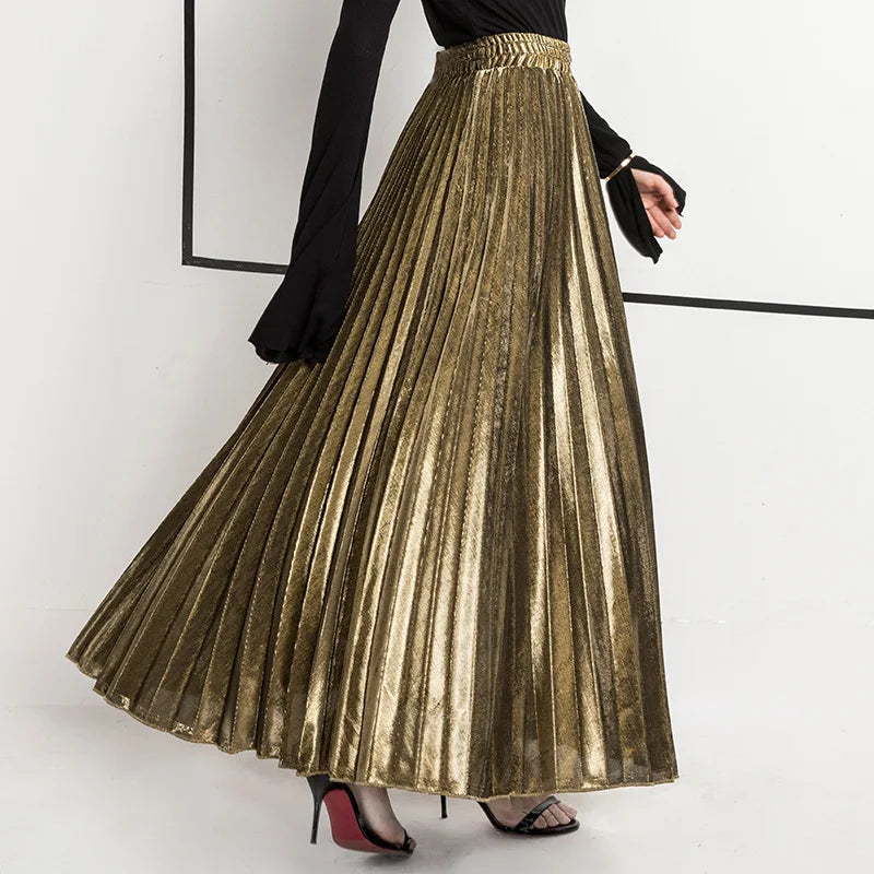 Check Skirt Pleated Maxi Skirt High Waist Harajuku Large Swing Gold Long Skirts For Women  XXL Saias