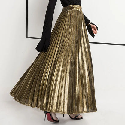 Check Skirt Pleated Maxi Skirt High Waist Harajuku Large Swing Gold Long Skirts For Women XXL Saias