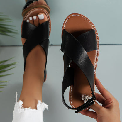 Flat Sandals Retro Style Wide Strap Open Toe