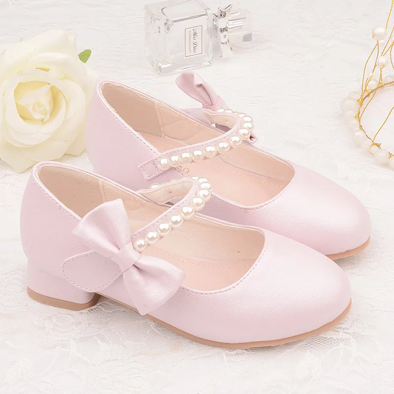 Children's Leather Shoes White Bow Girls High-heeled