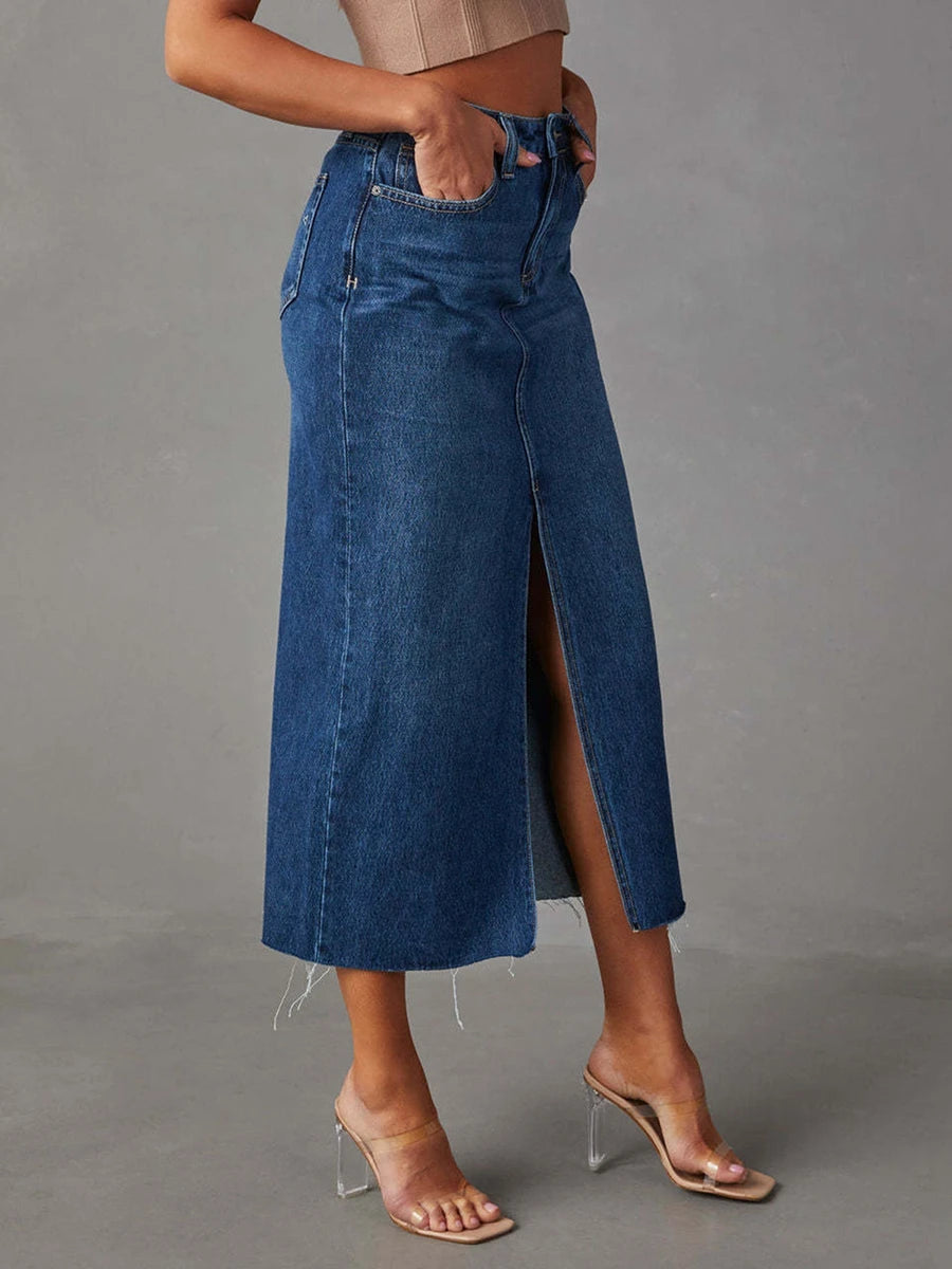 Women Denim Skirt Elegant High Waist Skirt Slit Summer Long Skirt for Casual Daily Denim slit short skirt