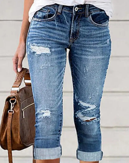 Elegant Ripped Low Waist Capris Denim Skinny Pants