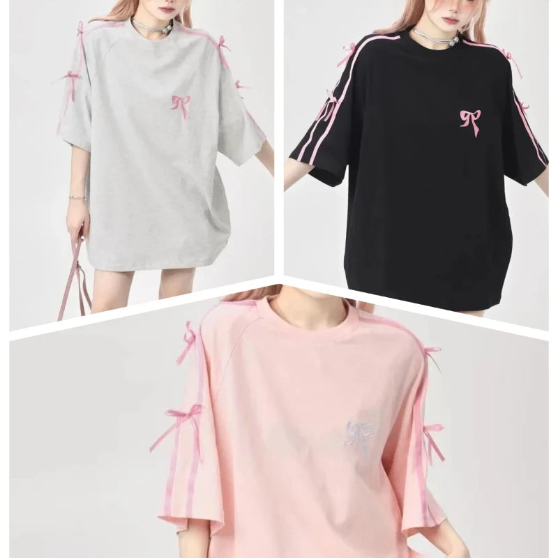 Japanese and Korean sweet bow loose short-sleeved T-shirt for women 2024 new high-end niche ins sweet and spicy embroidered top