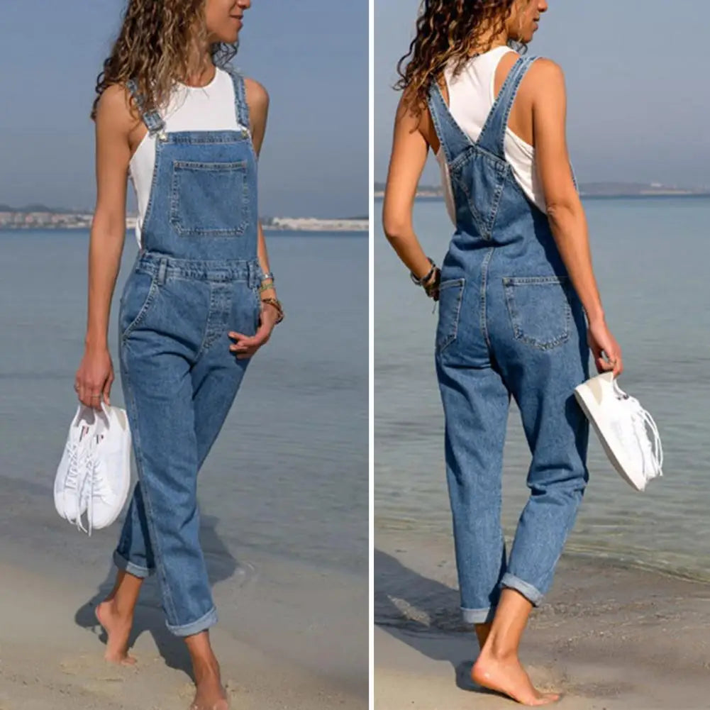 Denim Overalls with Pockets Distressed