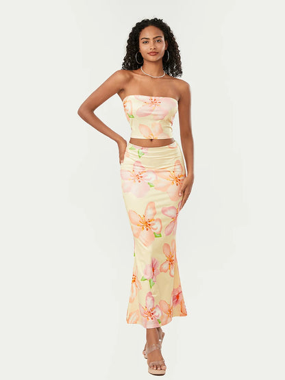 Women's Summer Floral Print 2 Piece Outfit Crop Tube Tops and Bodycon Long Skirts Set Beachwear