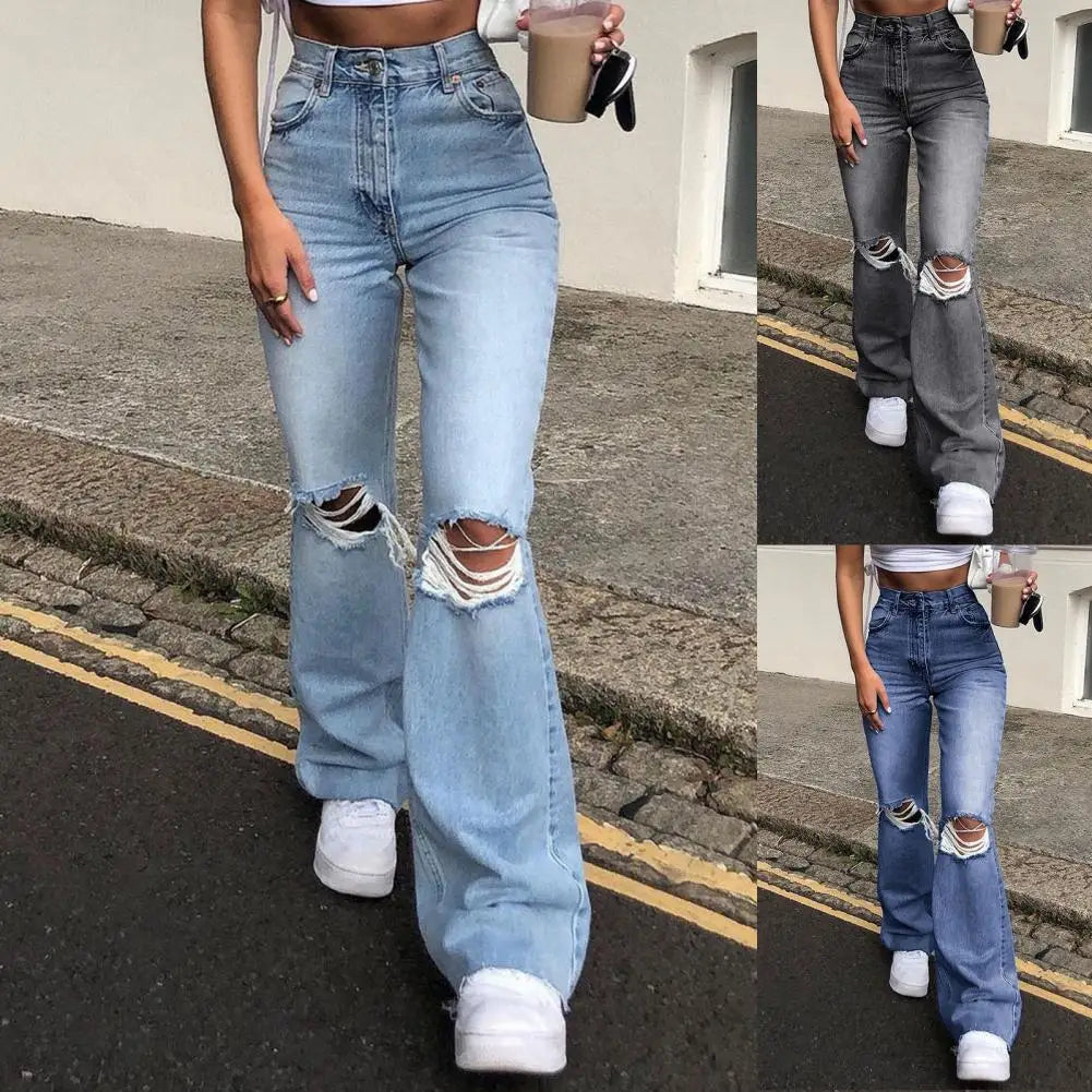 High Waist Blue Ripped Boot Cut Jeans