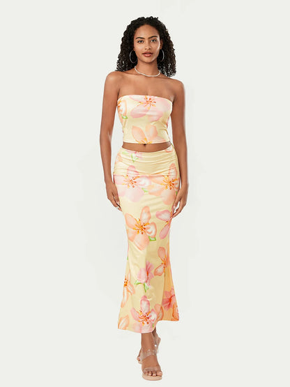 Women s Summer Floral Print 2 Piece Outfit Crop Tube Tops and Bodycon Long Skirts Set Beachwear