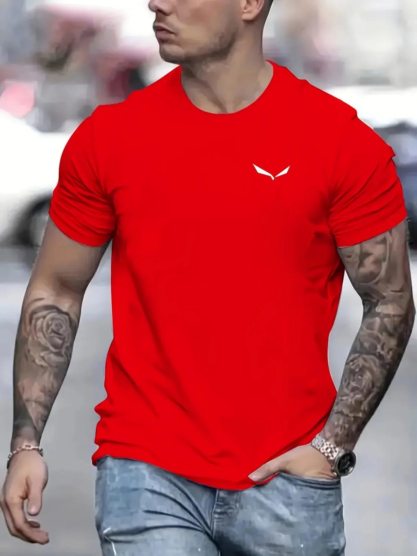 Men's Summer Loose Size 100% Cotton Bird Print Slim Fit Casual Round Neck Short Sleeve T-shirt Top