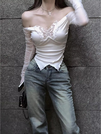 Korean Style Off Shoulder T Shirts Women Aesthetic Butterfly Cropped Mesh Tops