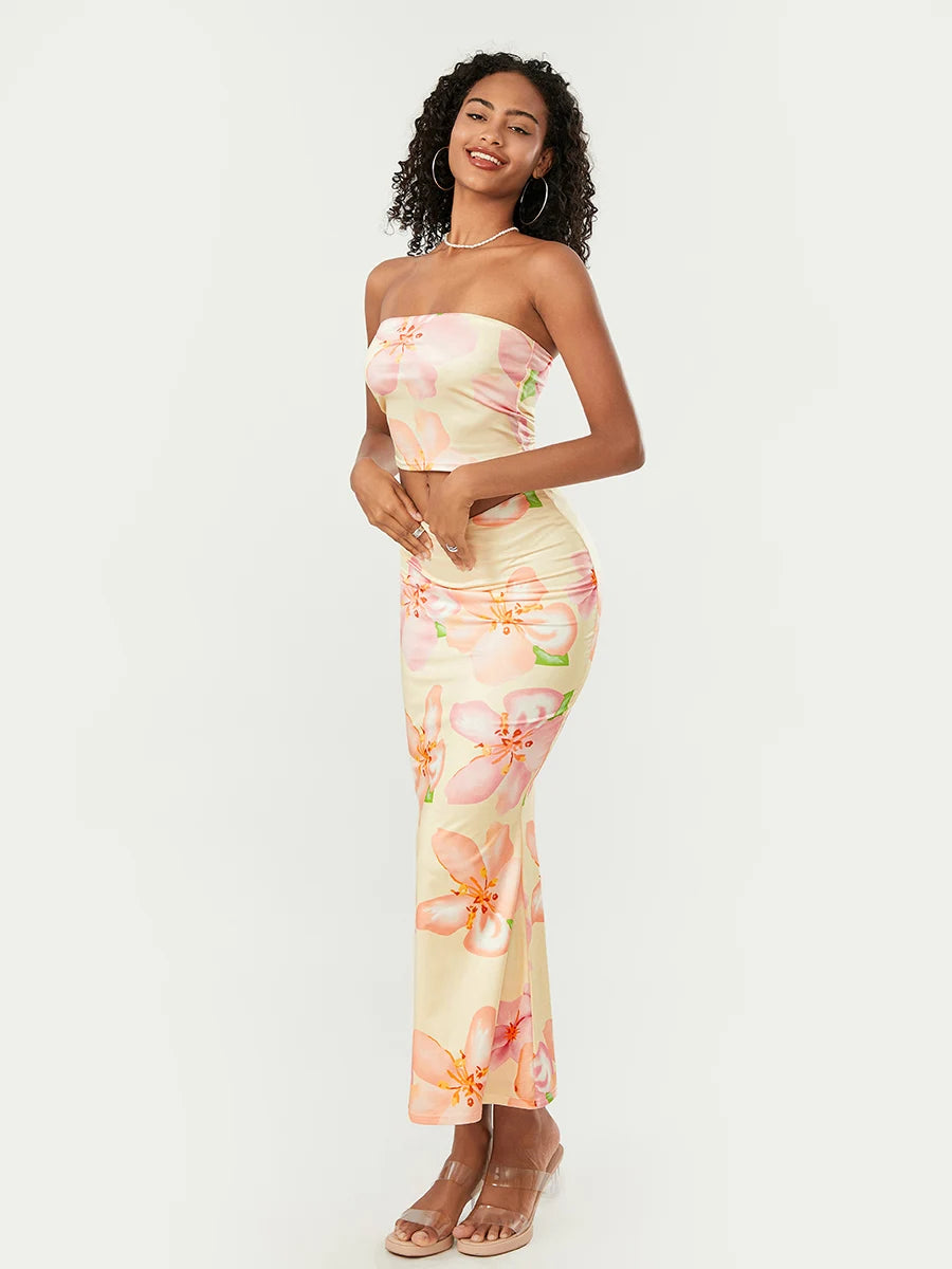 Women s Summer Floral Print 2 Piece Outfit Crop Tube Tops and Bodycon Long Skirts Set Beachwear