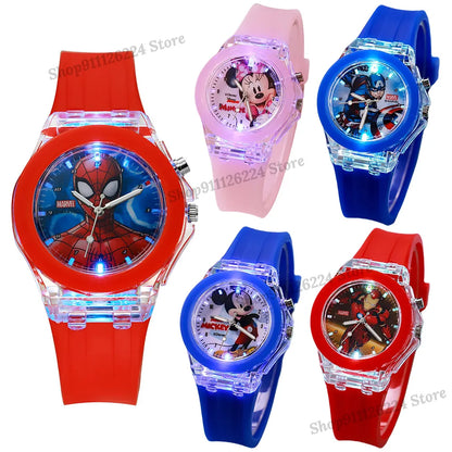 Disney Mickey Mouse Girls Watches Children Silicone Strap Colorful Light Spiderman Kids