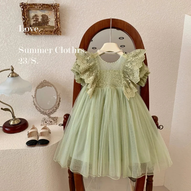 Children's Princess Dress In Green Korean Style Party Dress with Lace Pearl Flare Sleeves