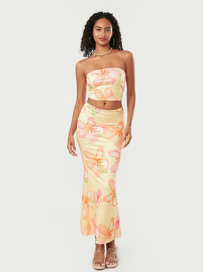 Women s Summer Floral Print 2 Piece Outfit Crop Tube Tops and Bodycon Long Skirts Set Beachwear