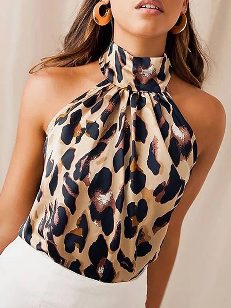 Women Blouses Leopard Print Shirts & Tops Halter