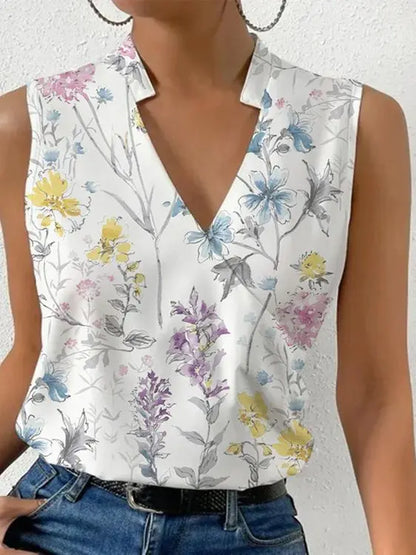 Fashion V-neck Sleeveless Print Women Tops