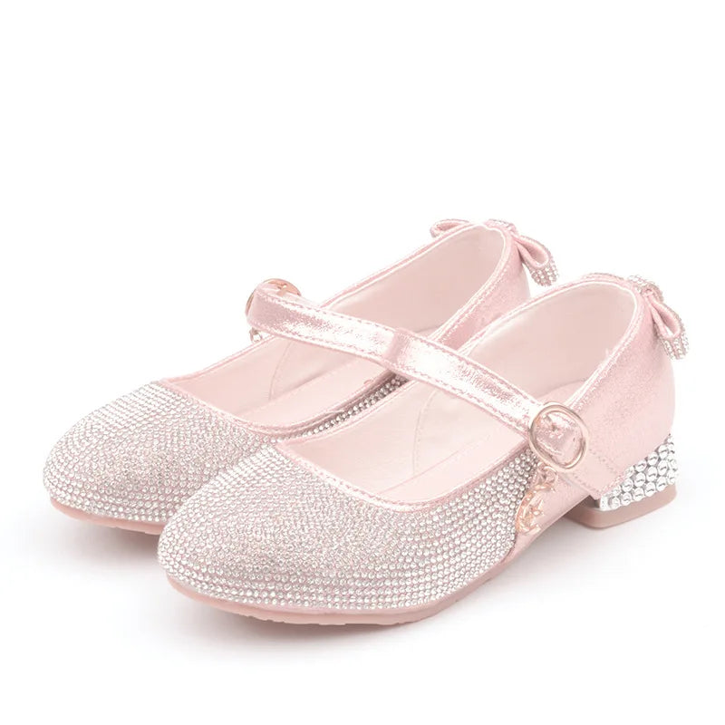 Fashion Children Girl Leather Shoes -Heel Cristal Glitter