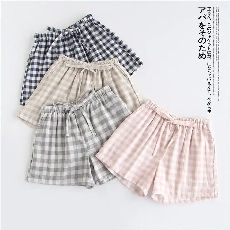 Size And Japanese Gauze Waist Simple Pajamas Shorts Cotton Women Pants Elastic Large Home Couple Casual Men Summer Style Lattice