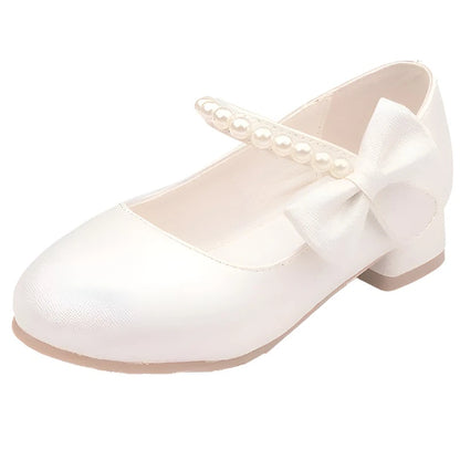 Children's Leather Shoes White Bow Girls High-heeled