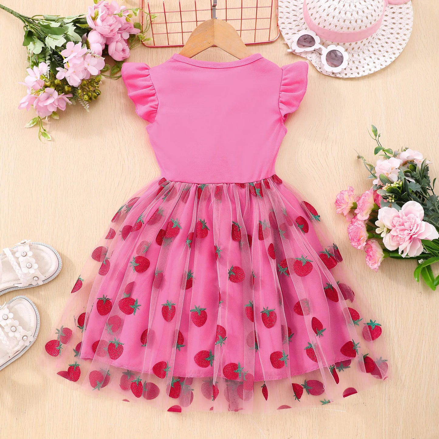 Girls Sweet StrawberryDress With Frill Sleeves,