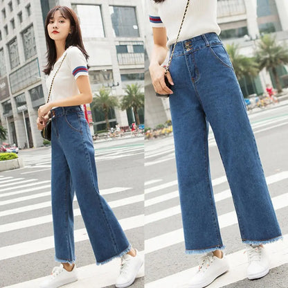 Straight Women Pants High Waist Loose Trousers Wide Leg Casual Denim Jeans Ninth Trousers