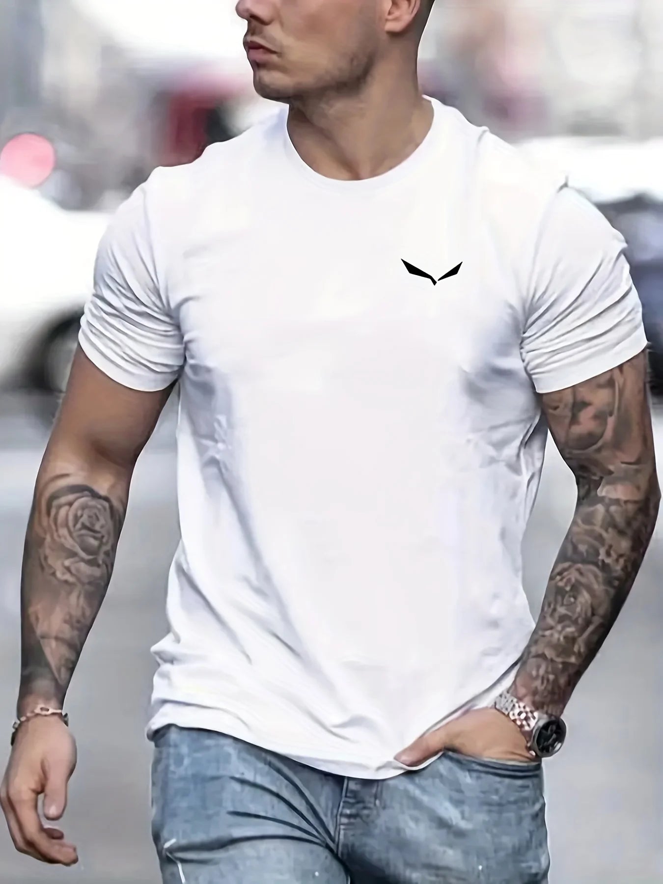 Men's Summer Loose Size 100% Cotton Bird Print Slim Fit Casual Round Neck Short Sleeve T-shirt Top