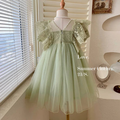 Children's Princess Dress In Green Korean Style Party Dress with Lace Pearl Flare Sleeves