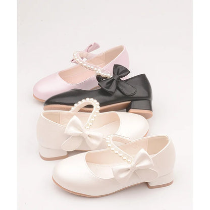 Children's Leather Shoes White Bow Girls High-heeled