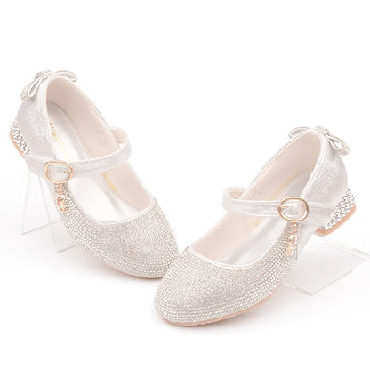 Fashion Children Girl Leather Shoes -Heel Cristal Glitter