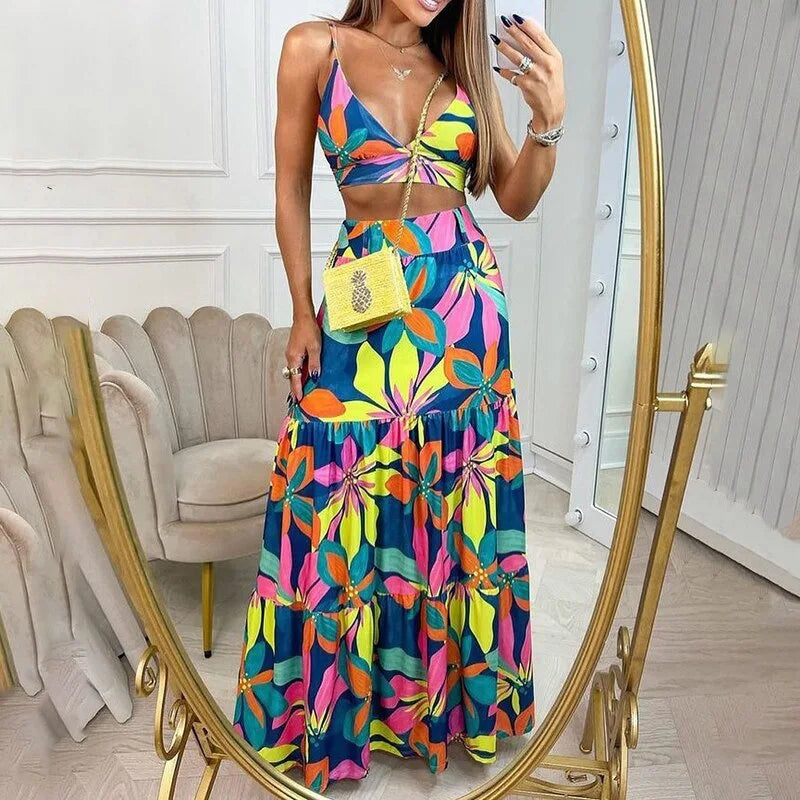 Women's V-neck Strap Printed Dress Set